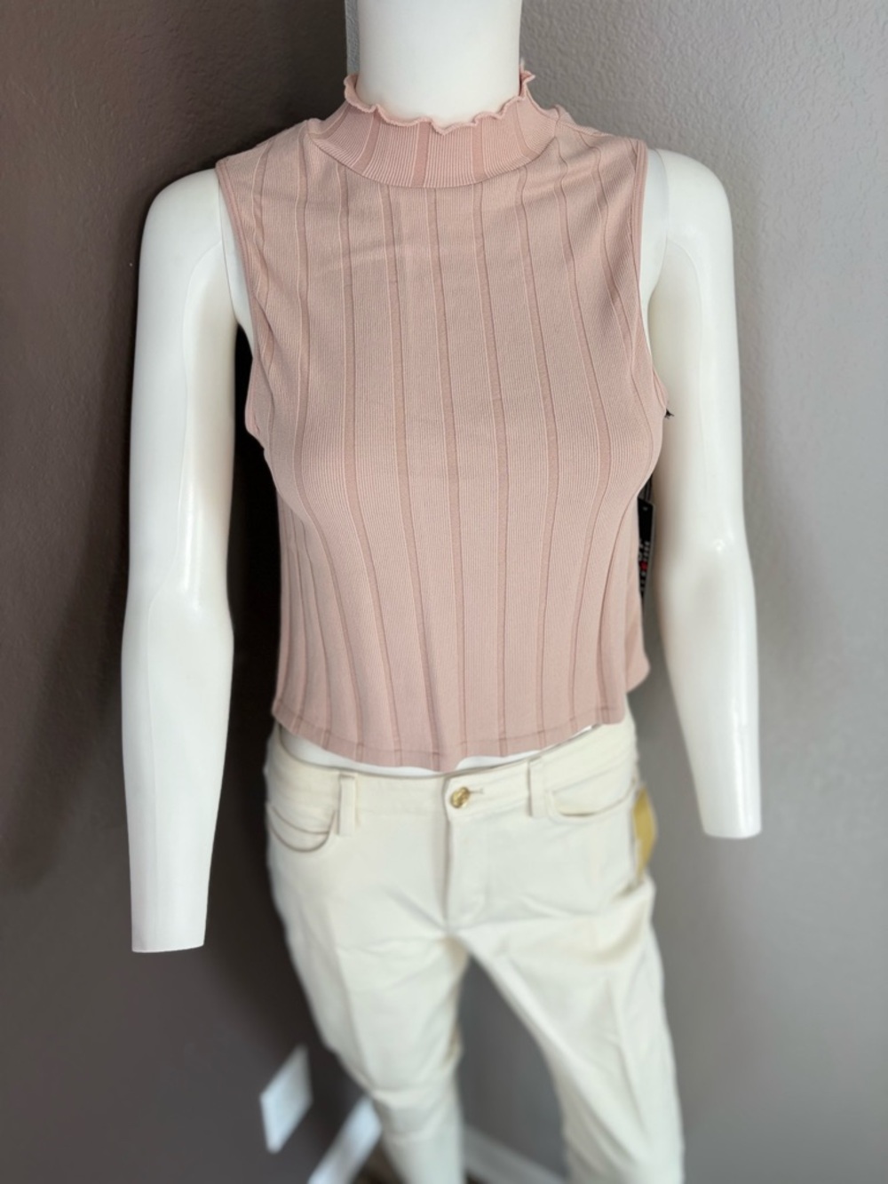 Poof! Blush Pink Ribbed Mock Ruffle Tank